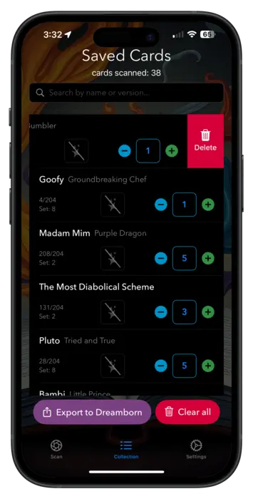 screenshot of deleteing lorscana cards