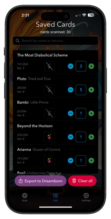screenshot of lorscana card list