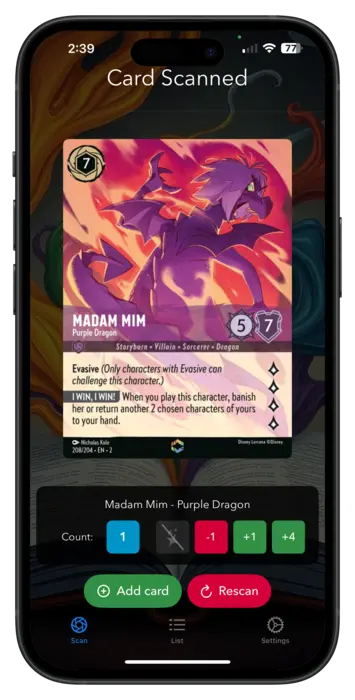 screenshot of lorscana app results